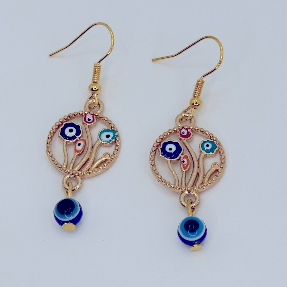 Hand Crafted Evil Eye Enamel Charm & Resin Bead Gold Tone Drop Earrings